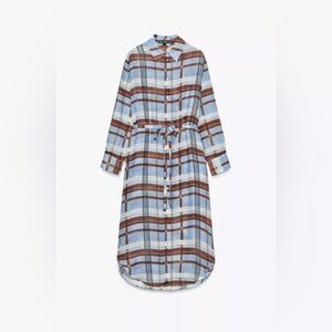 Zara Blue and Brown Plaid Shirt Dress